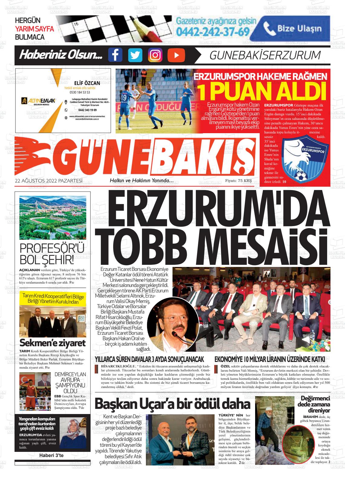 22 Ağustos 2022 Erzurum Günebakış Gazete Manşeti