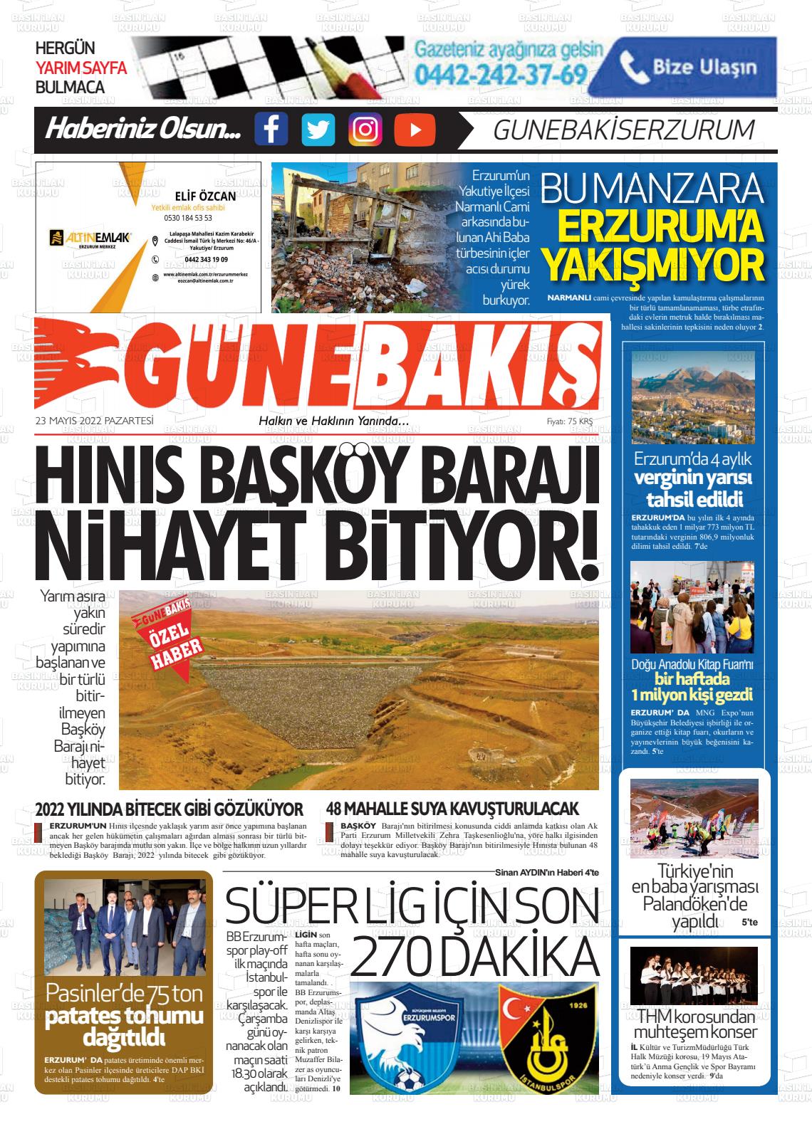 23 Mayıs 2022 Erzurum Günebakış Gazete Manşeti