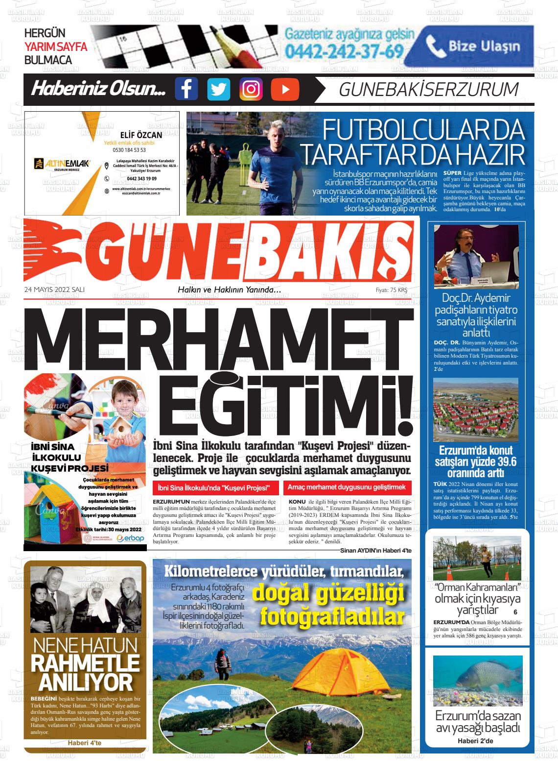 24 Mayıs 2022 Erzurum Günebakış Gazete Manşeti