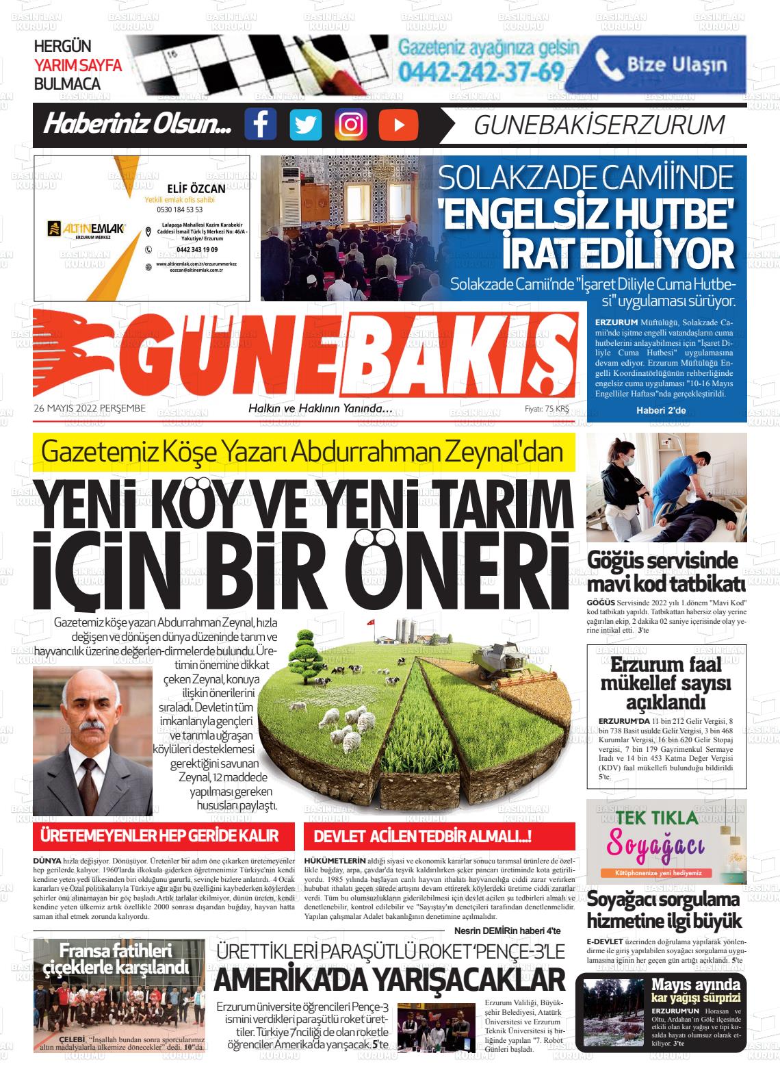 26 Mayıs 2022 Erzurum Günebakış Gazete Manşeti