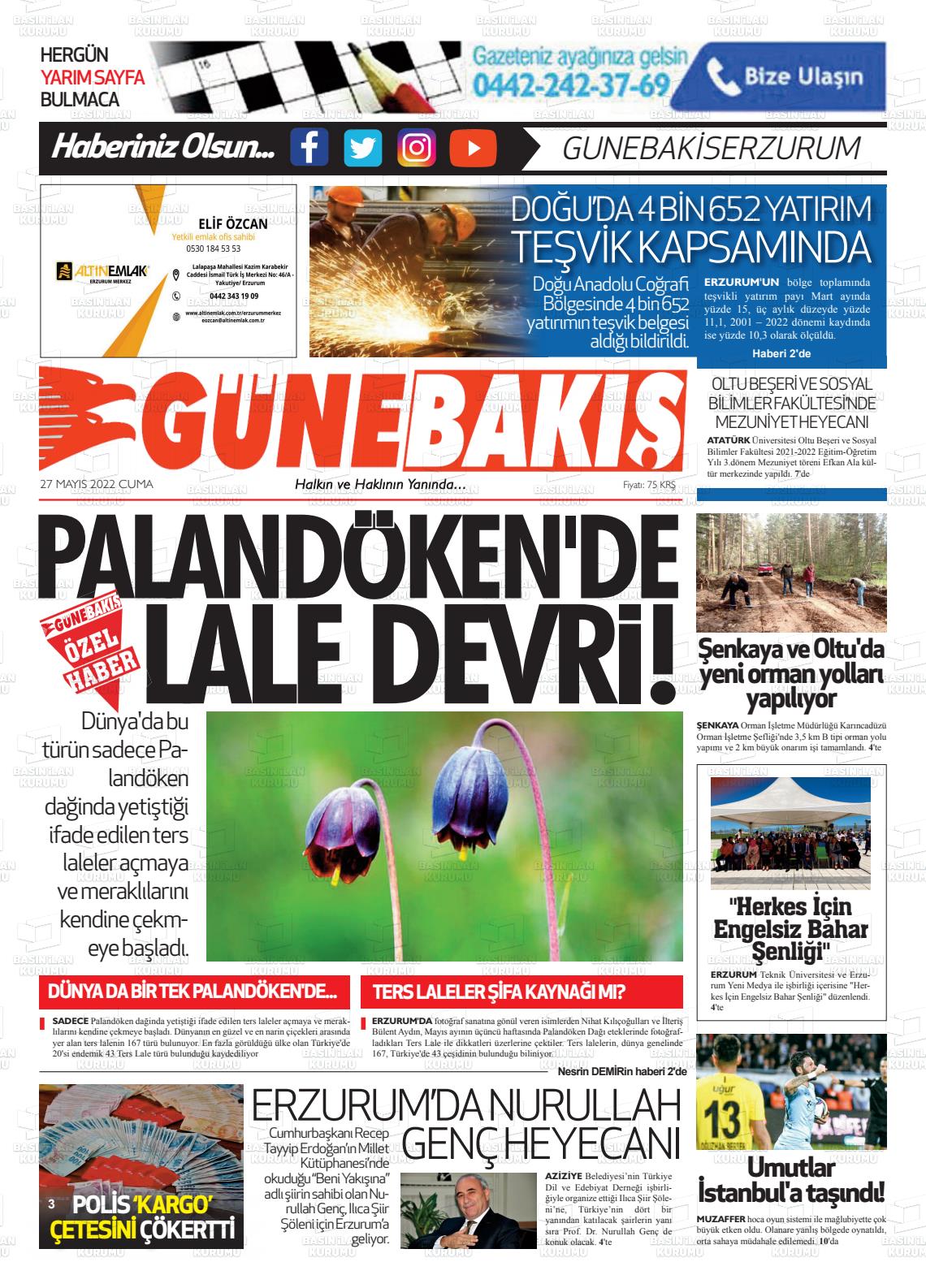 27 Mayıs 2022 Erzurum Günebakış Gazete Manşeti