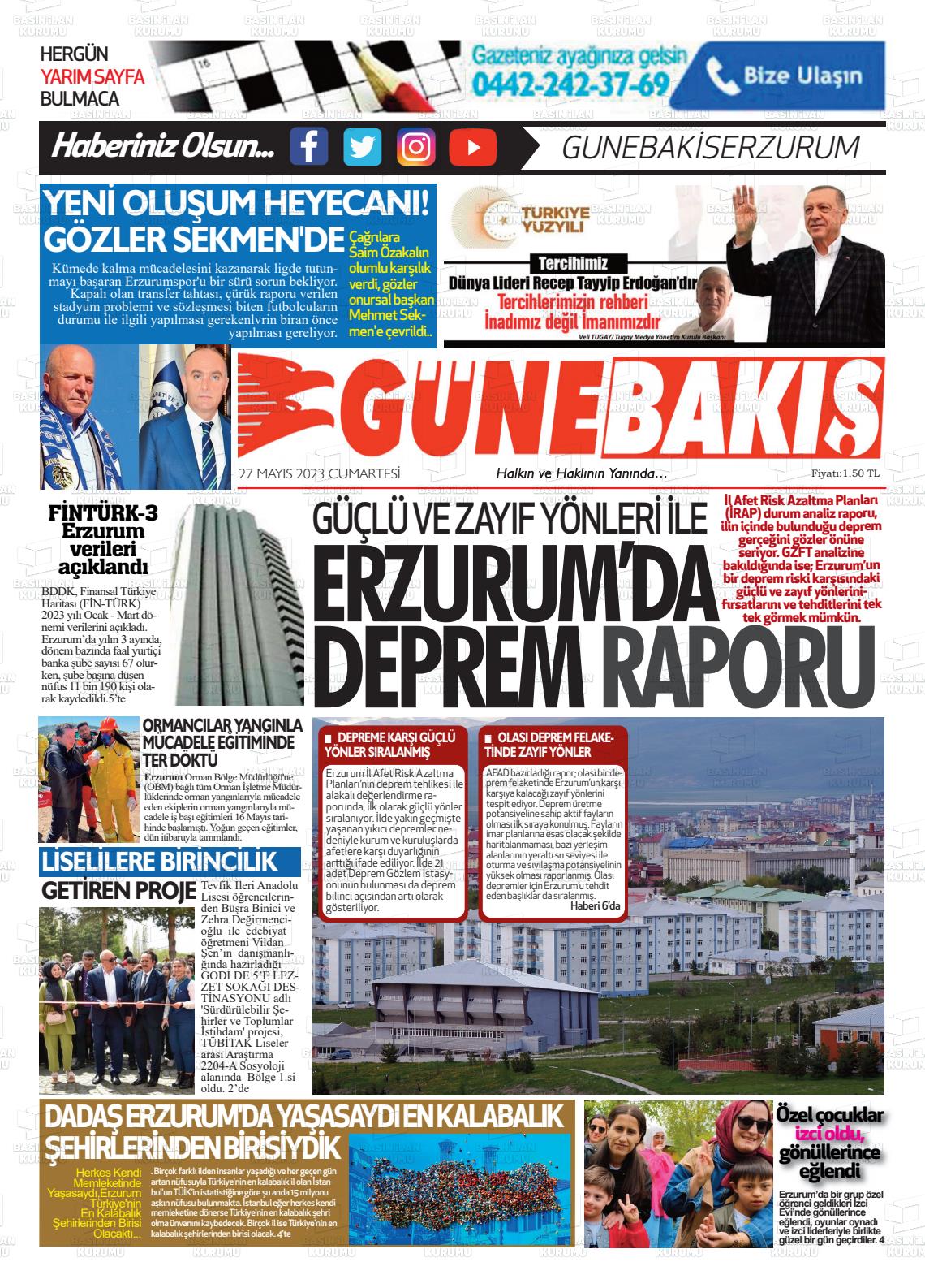 27 Mayıs 2023 Erzurum Günebakış Gazete Manşeti