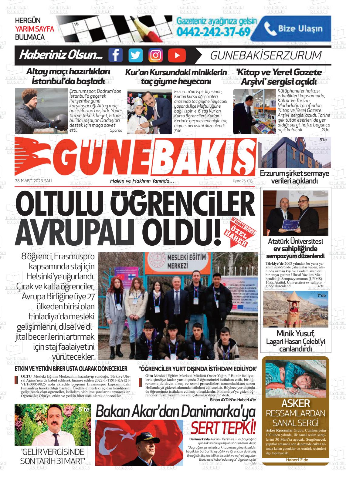 28 Mart 2023 Erzurum Günebakış Gazete Manşeti