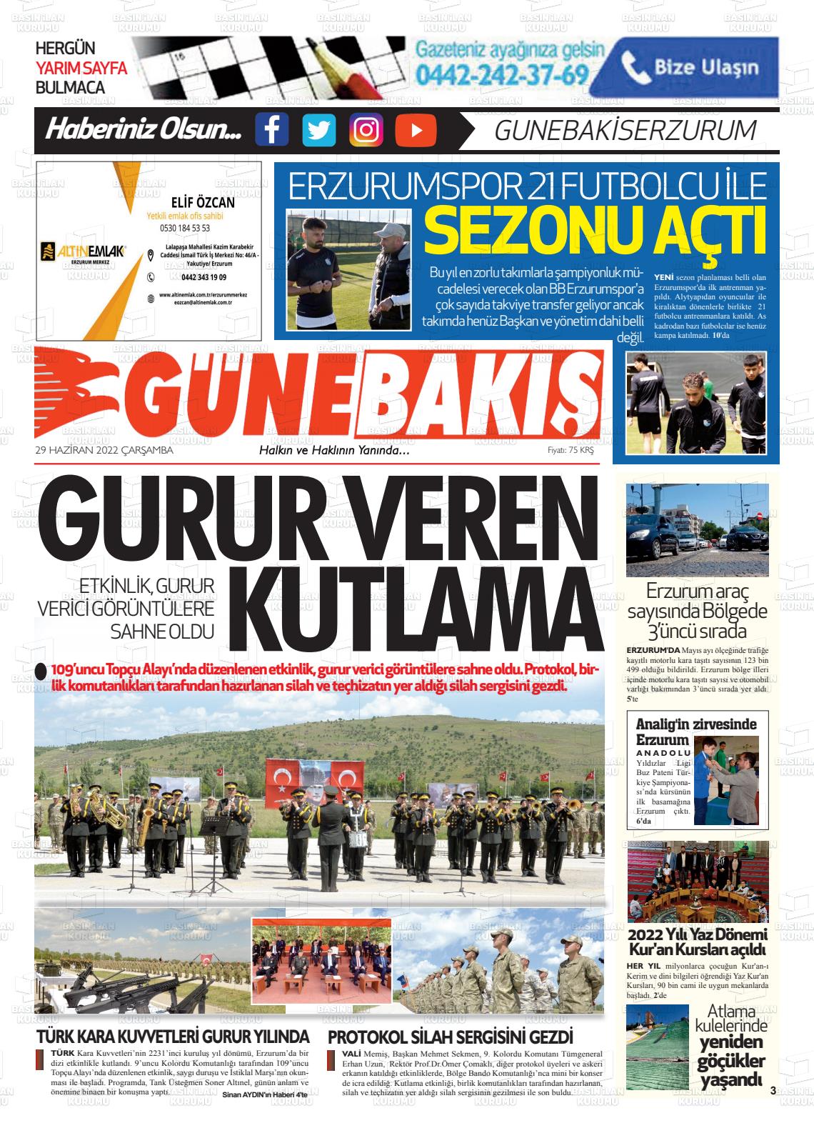 29 Haziran 2022 Erzurum Günebakış Gazete Manşeti