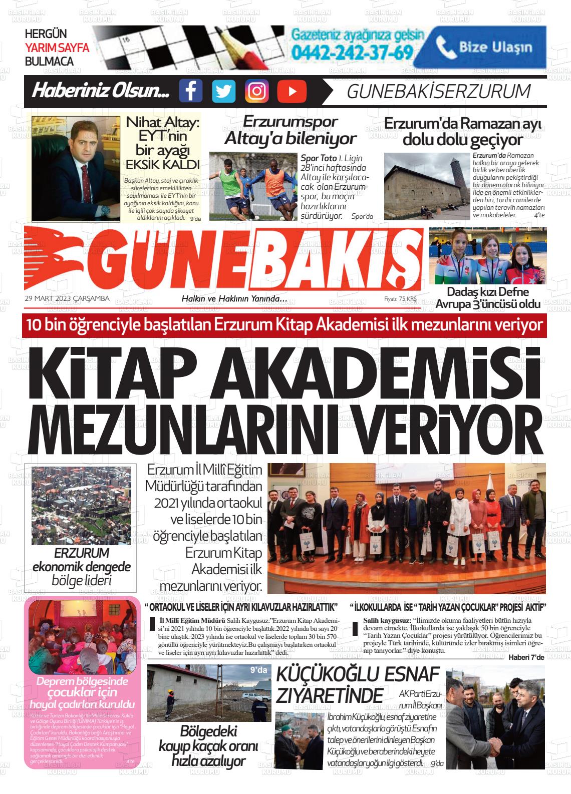 29 Mart 2023 Erzurum Günebakış Gazete Manşeti