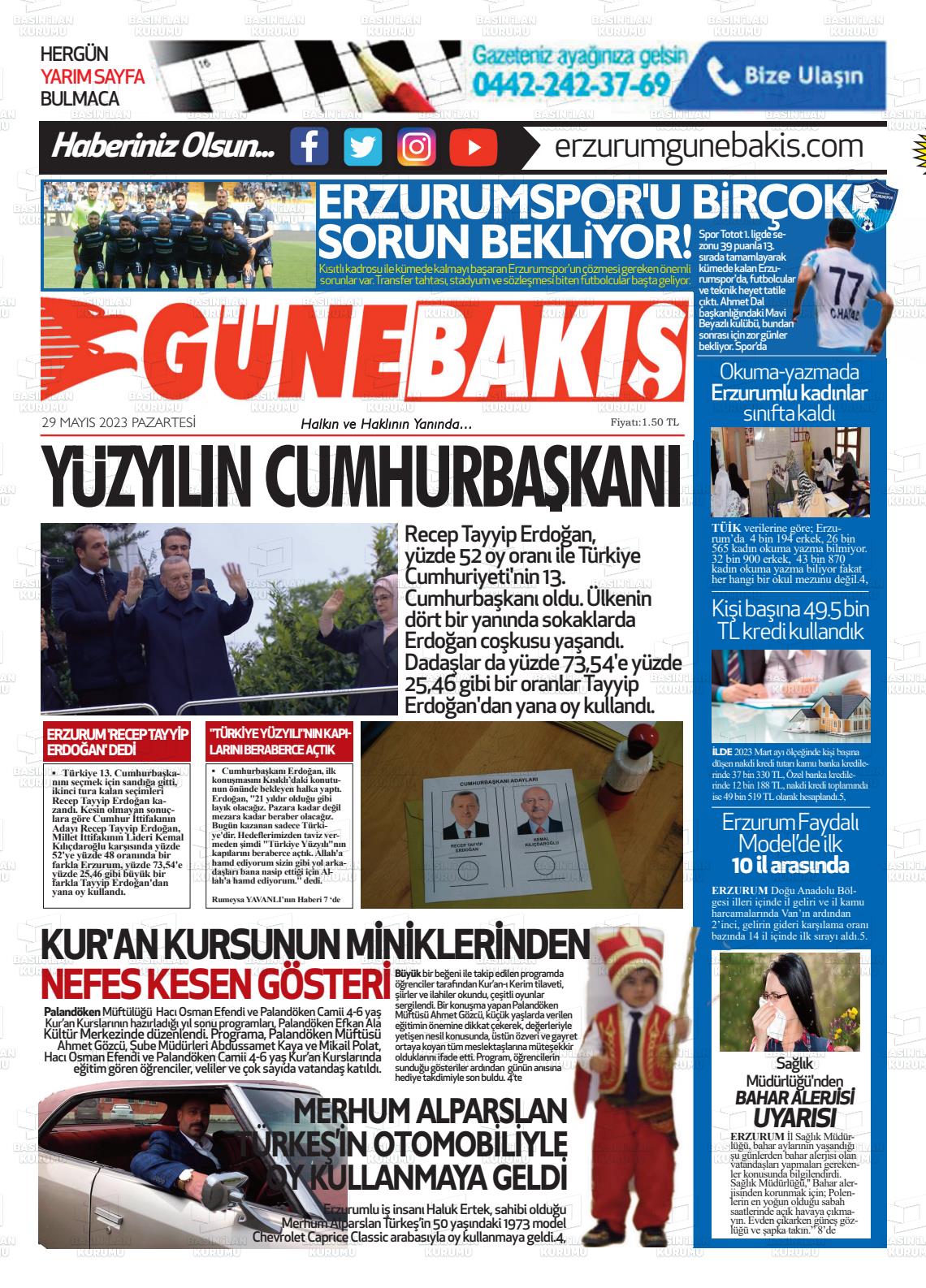 29 Mayıs 2023 Erzurum Günebakış Gazete Manşeti