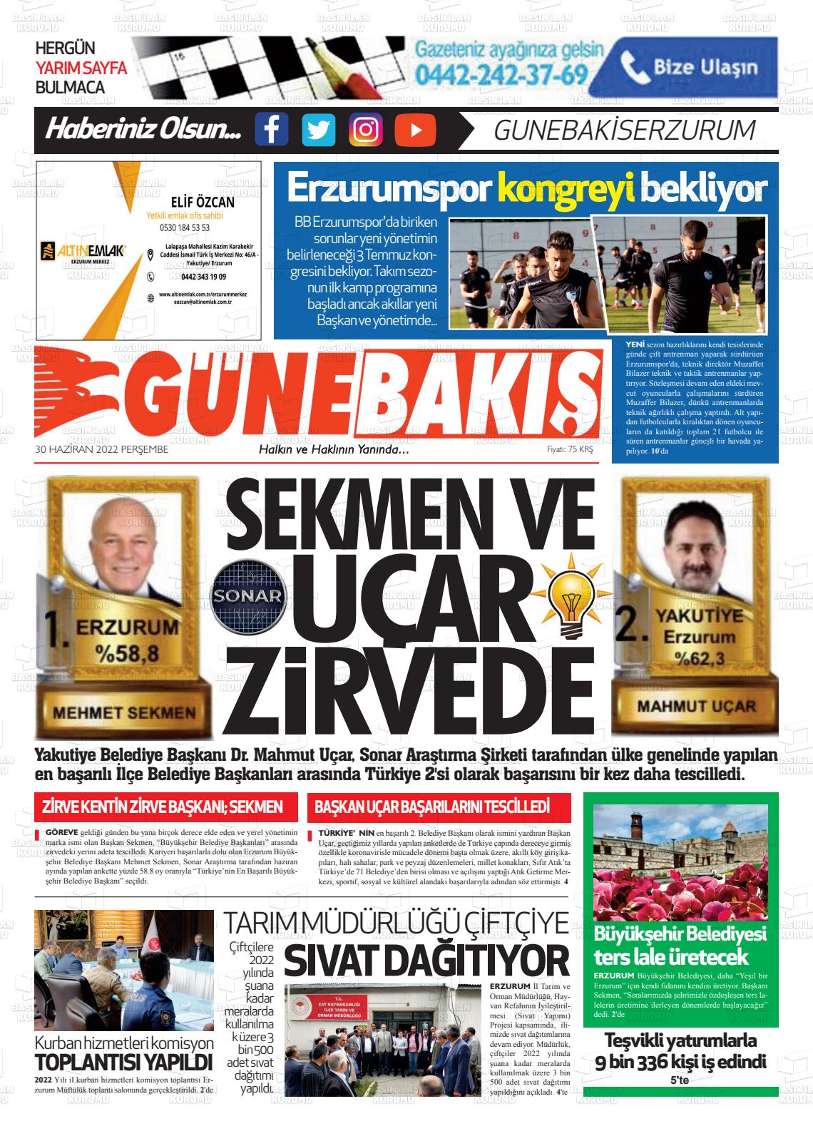 01 Temmuz 2022 Erzurum Günebakış Gazete Manşeti