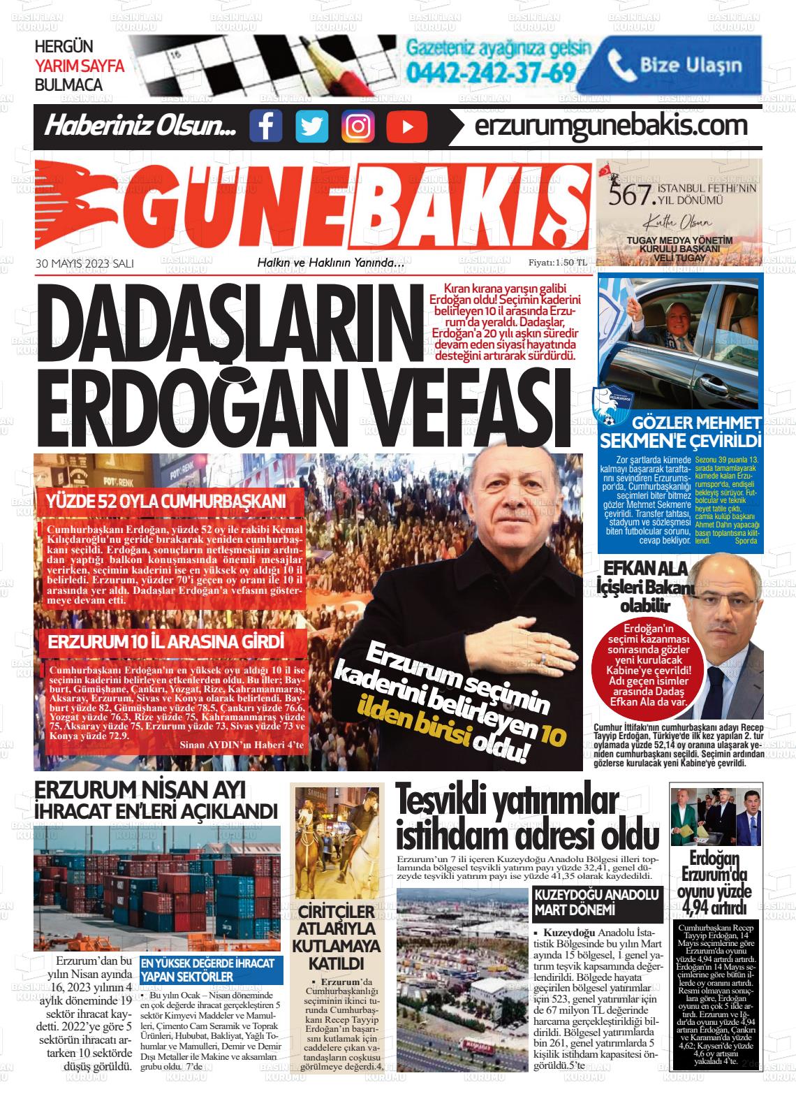 30 Mayıs 2023 Erzurum Günebakış Gazete Manşeti
