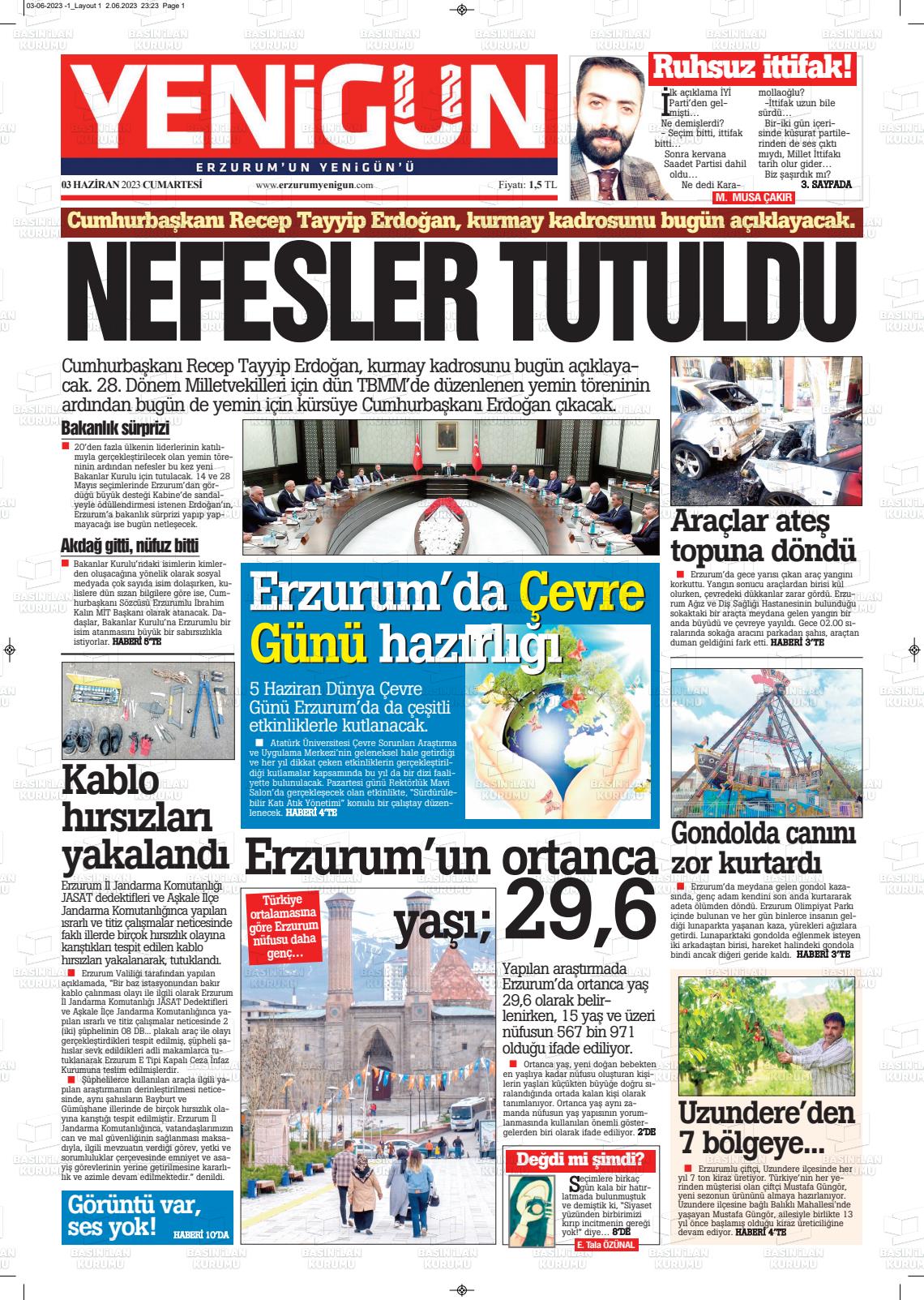 03 Haziran 2023 Erzurum Yenigün Gazete Manşeti