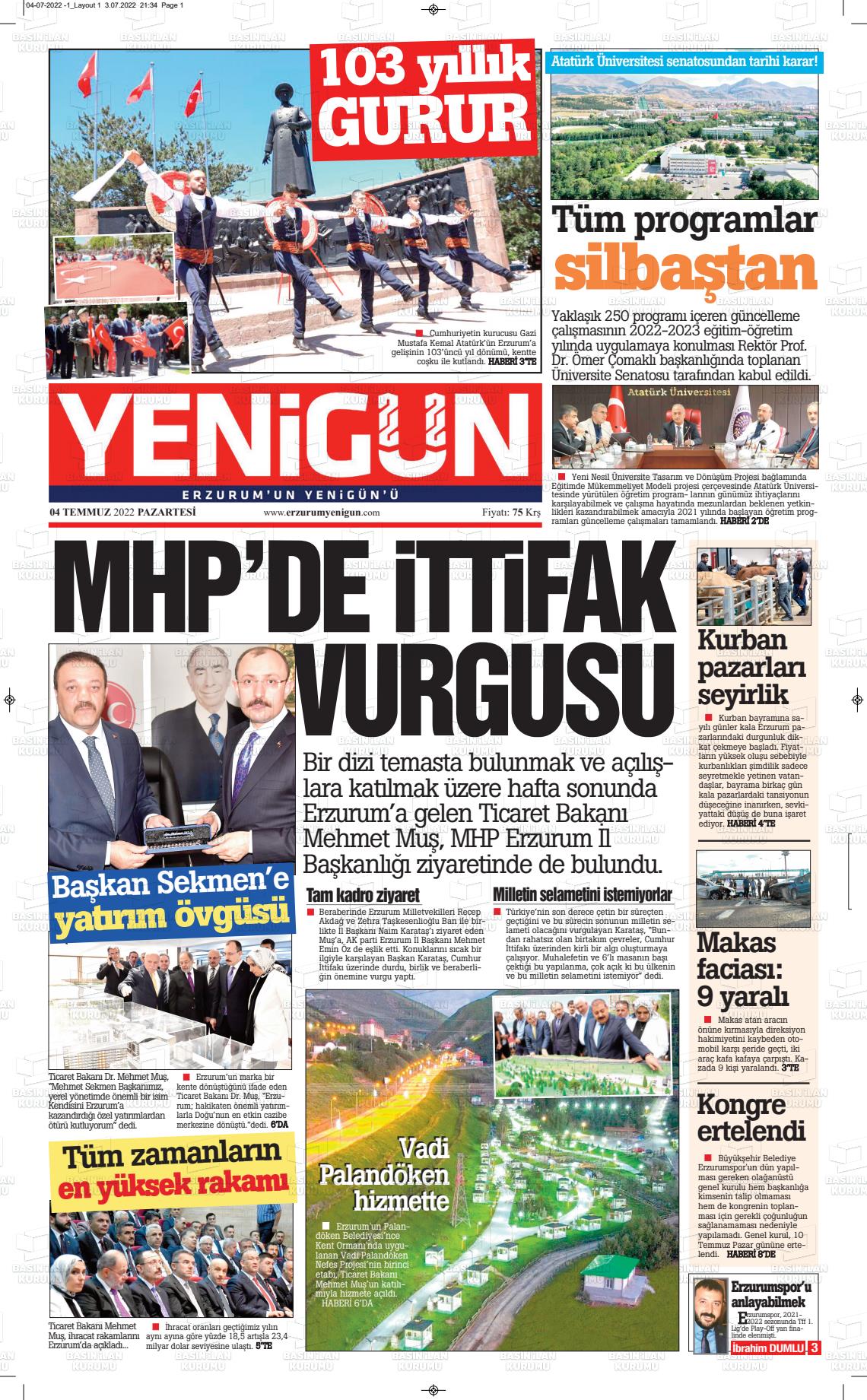 04 Temmuz 2022 Erzurum Yenigün Gazete Manşeti