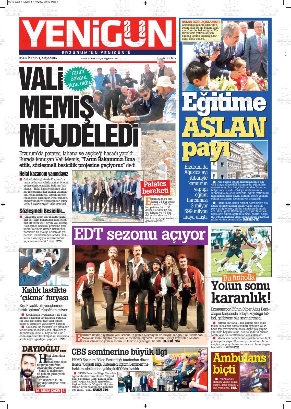 05 Ekim 2022 Erzurum Yenigün Gazete Manşeti