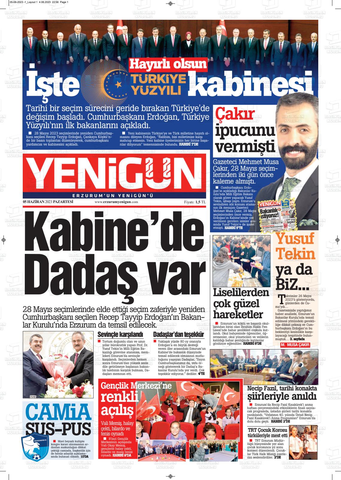 05 Haziran 2023 Erzurum Yenigün Gazete Manşeti