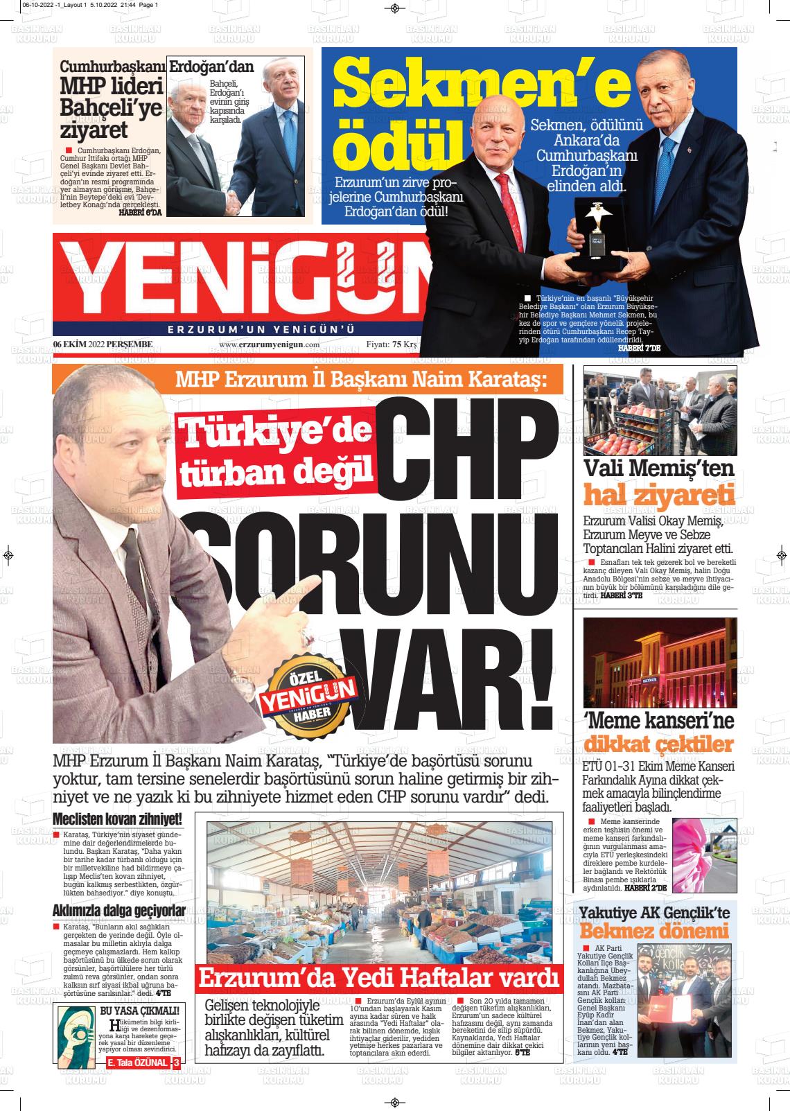 06 Ekim 2022 Erzurum Yenigün Gazete Manşeti