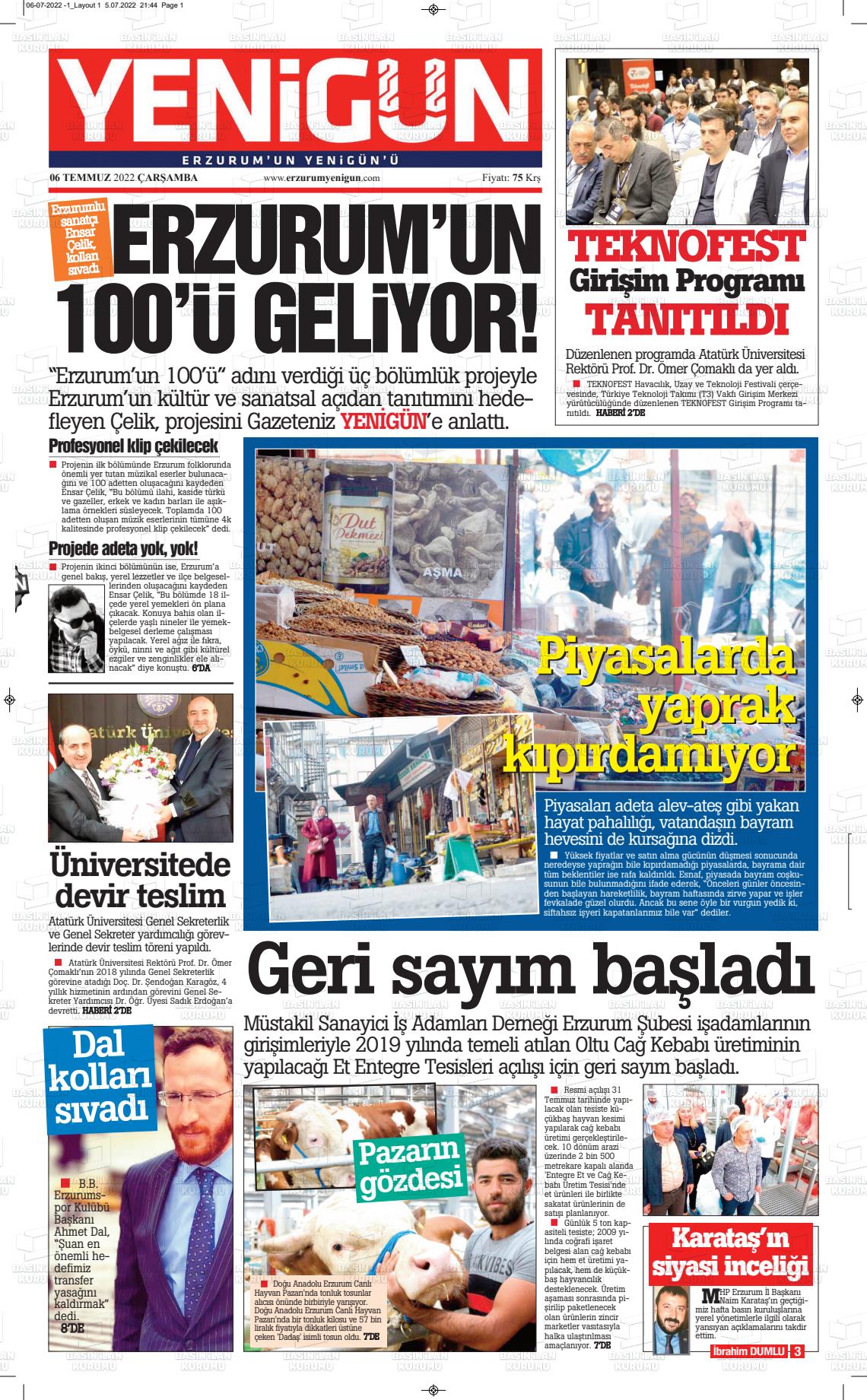06 Temmuz 2022 Erzurum Yenigün Gazete Manşeti