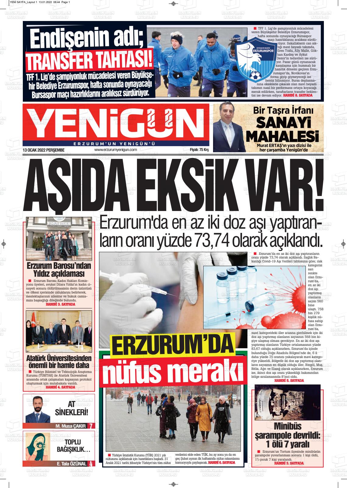 13 Ocak 2022 Erzurum Yenigün Gazete Manşeti