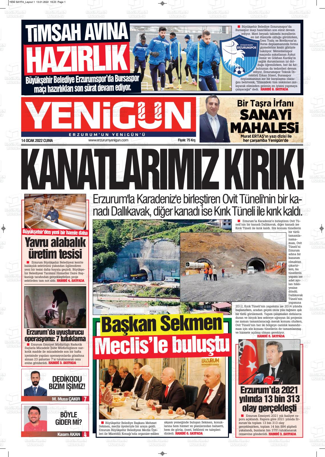 14 Ocak 2022 Erzurum Yenigün Gazete Manşeti