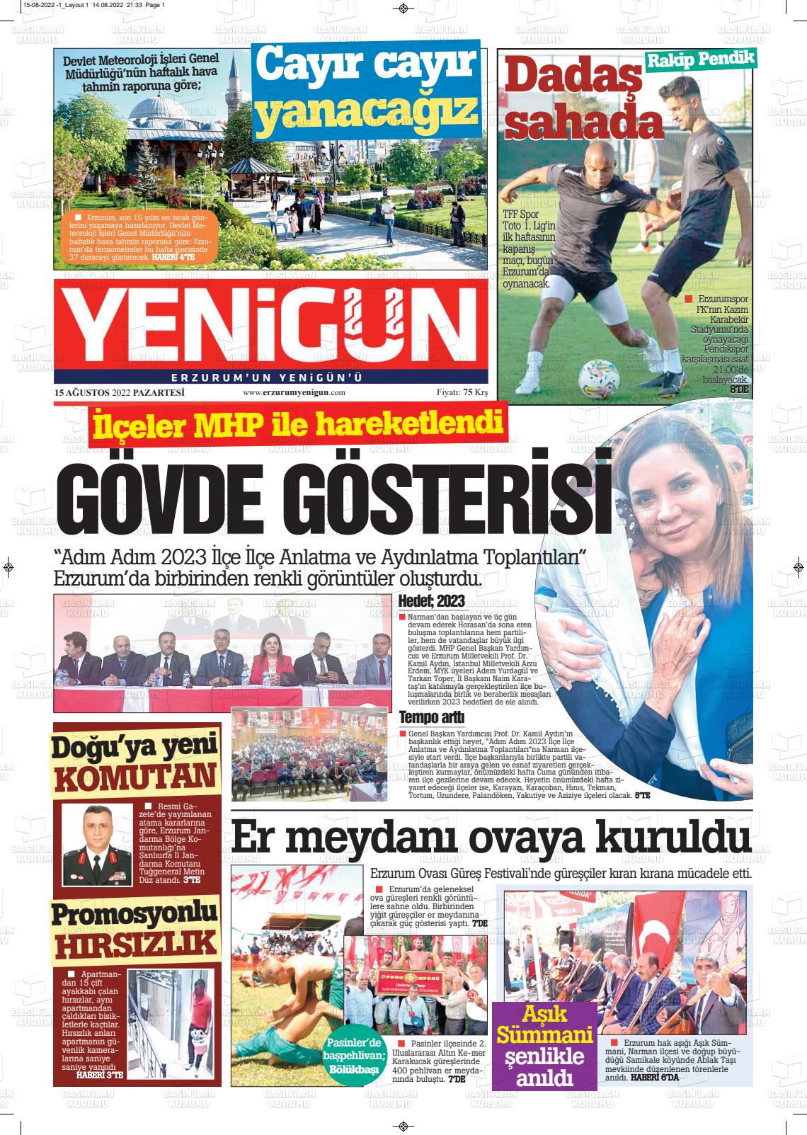 15 Ağustos 2022 Erzurum Yenigün Gazete Manşeti