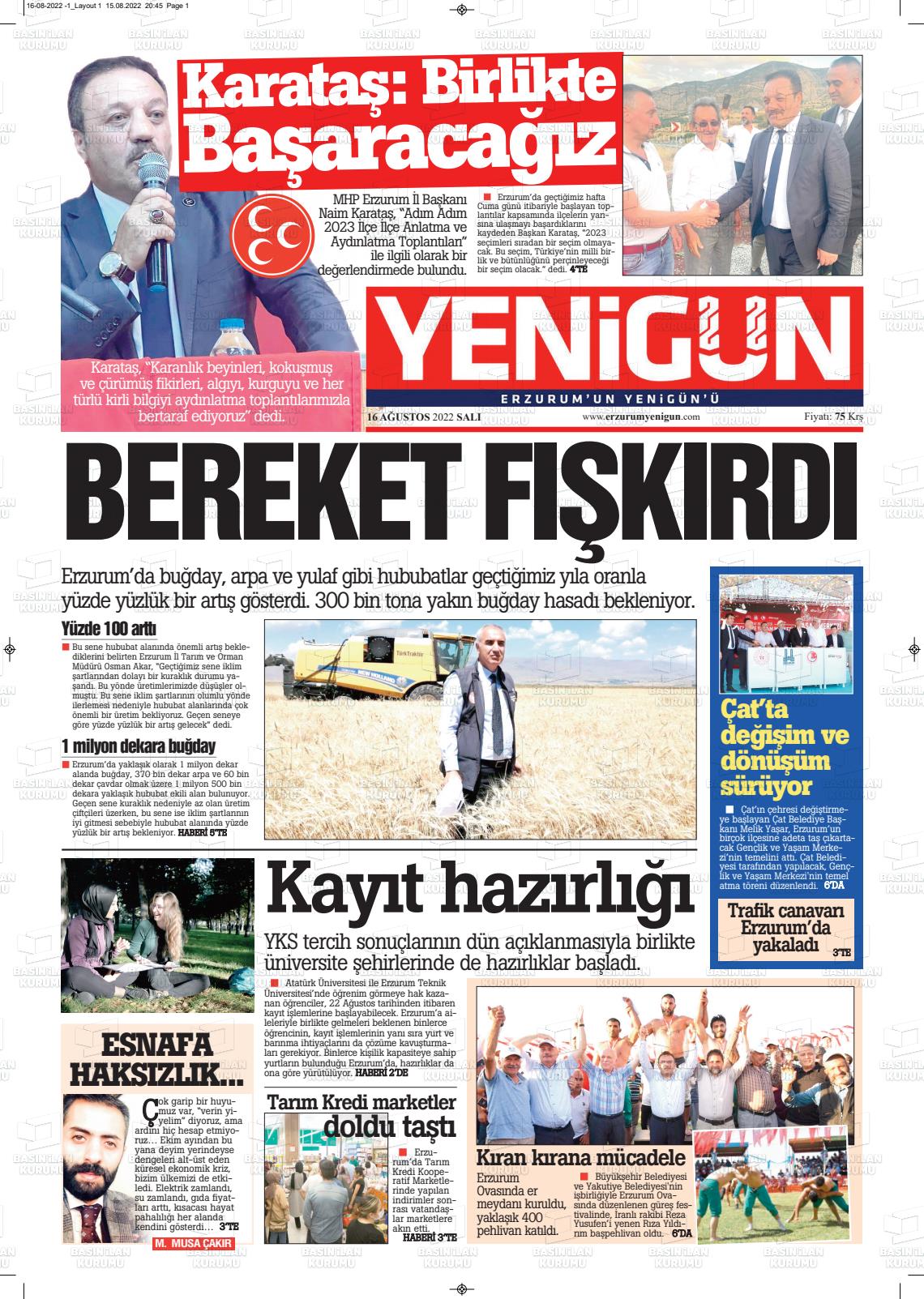 16 Ağustos 2022 Erzurum Yenigün Gazete Manşeti