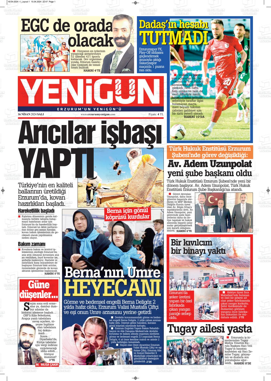 17 Nisan 2024 Erzurum Yenigün Gazete Manşeti