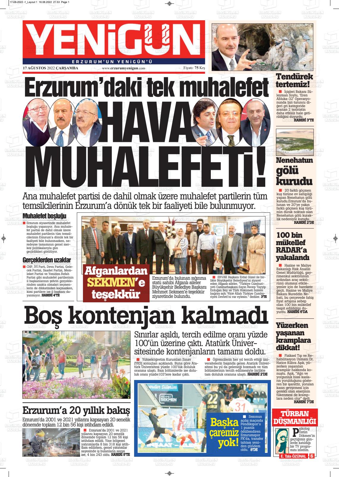 17 Ağustos 2022 Erzurum Yenigün Gazete Manşeti