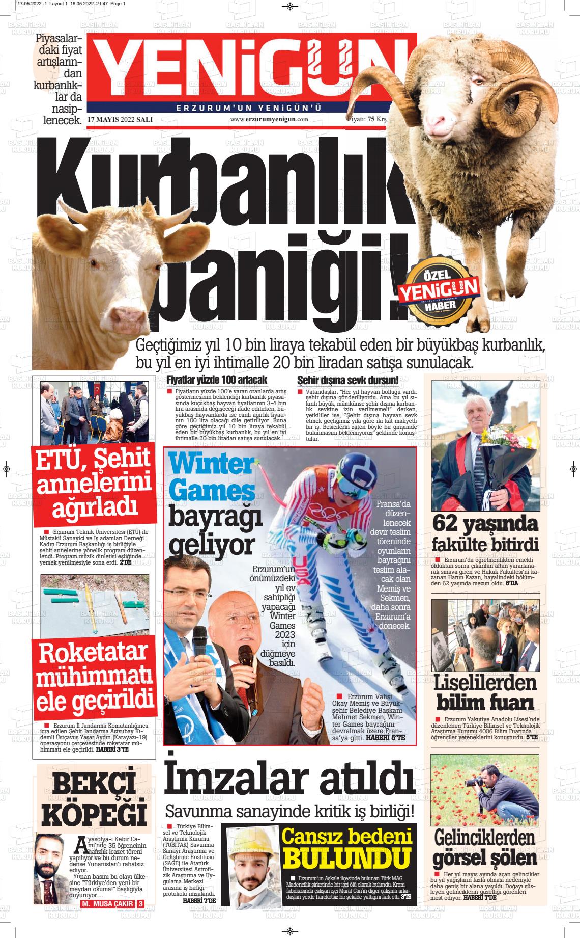 17 Mayıs 2022 Erzurum Yenigün Gazete Manşeti