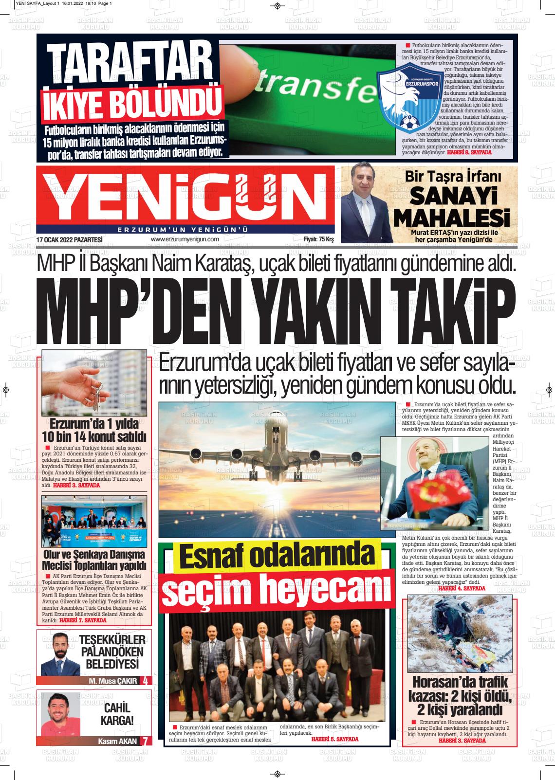 17 Ocak 2022 Erzurum Yenigün Gazete Manşeti
