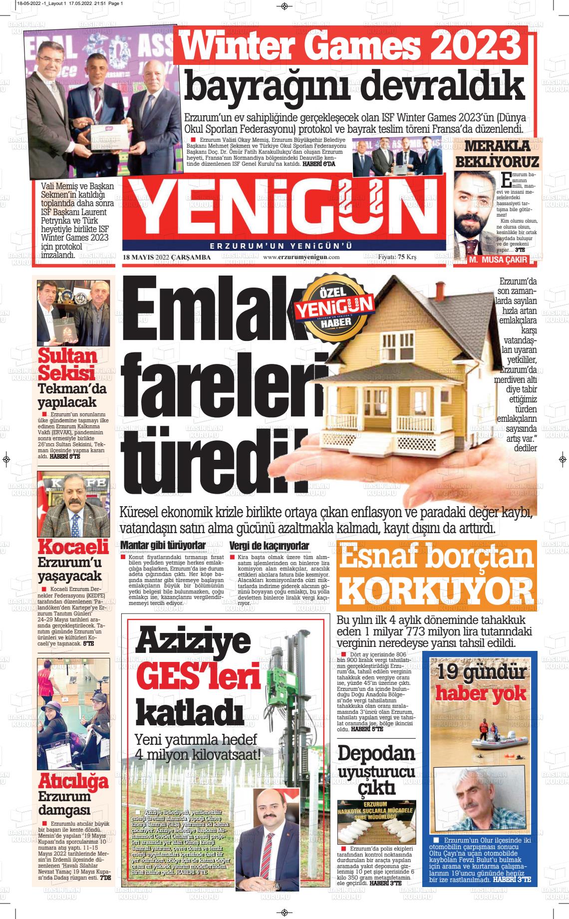 18 Mayıs 2022 Erzurum Yenigün Gazete Manşeti