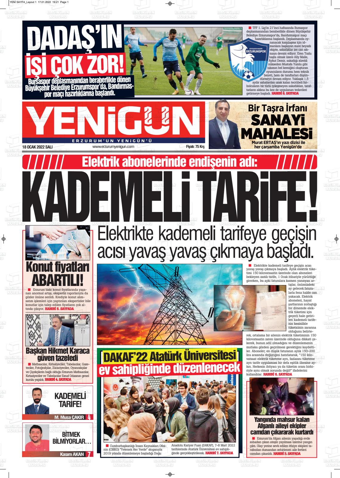 18 Ocak 2022 Erzurum Yenigün Gazete Manşeti