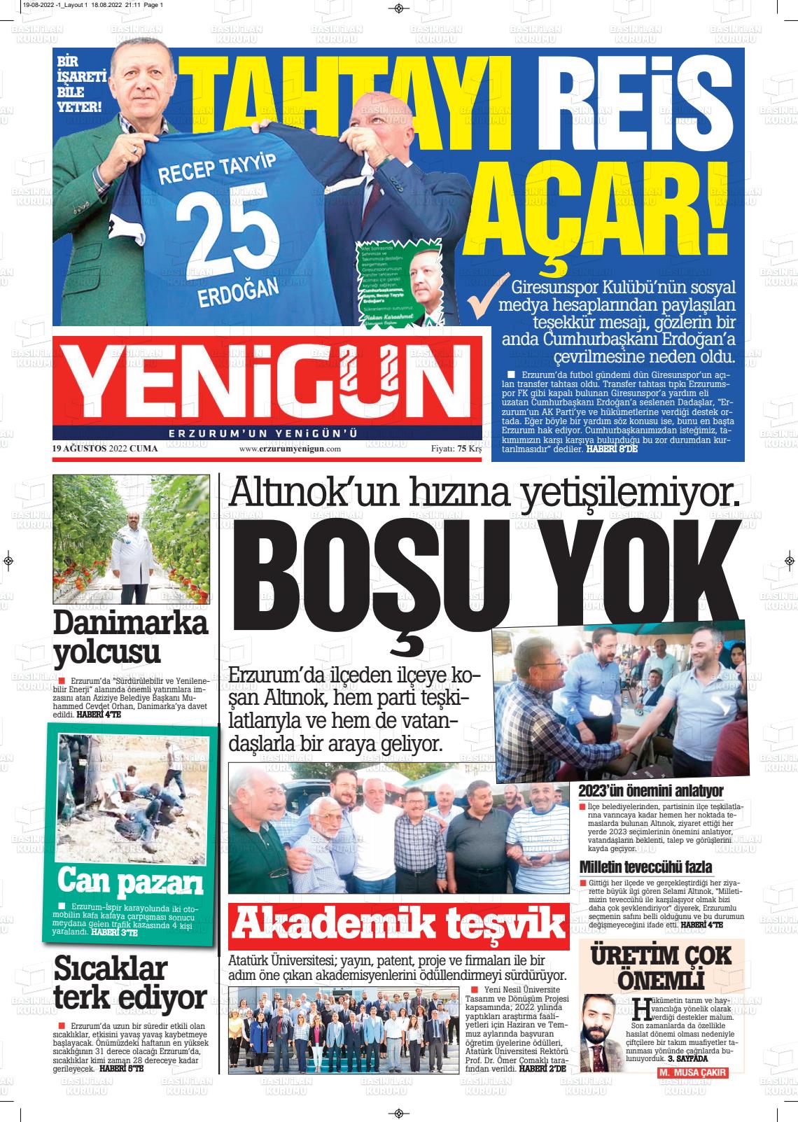 19 Ağustos 2022 Erzurum Yenigün Gazete Manşeti