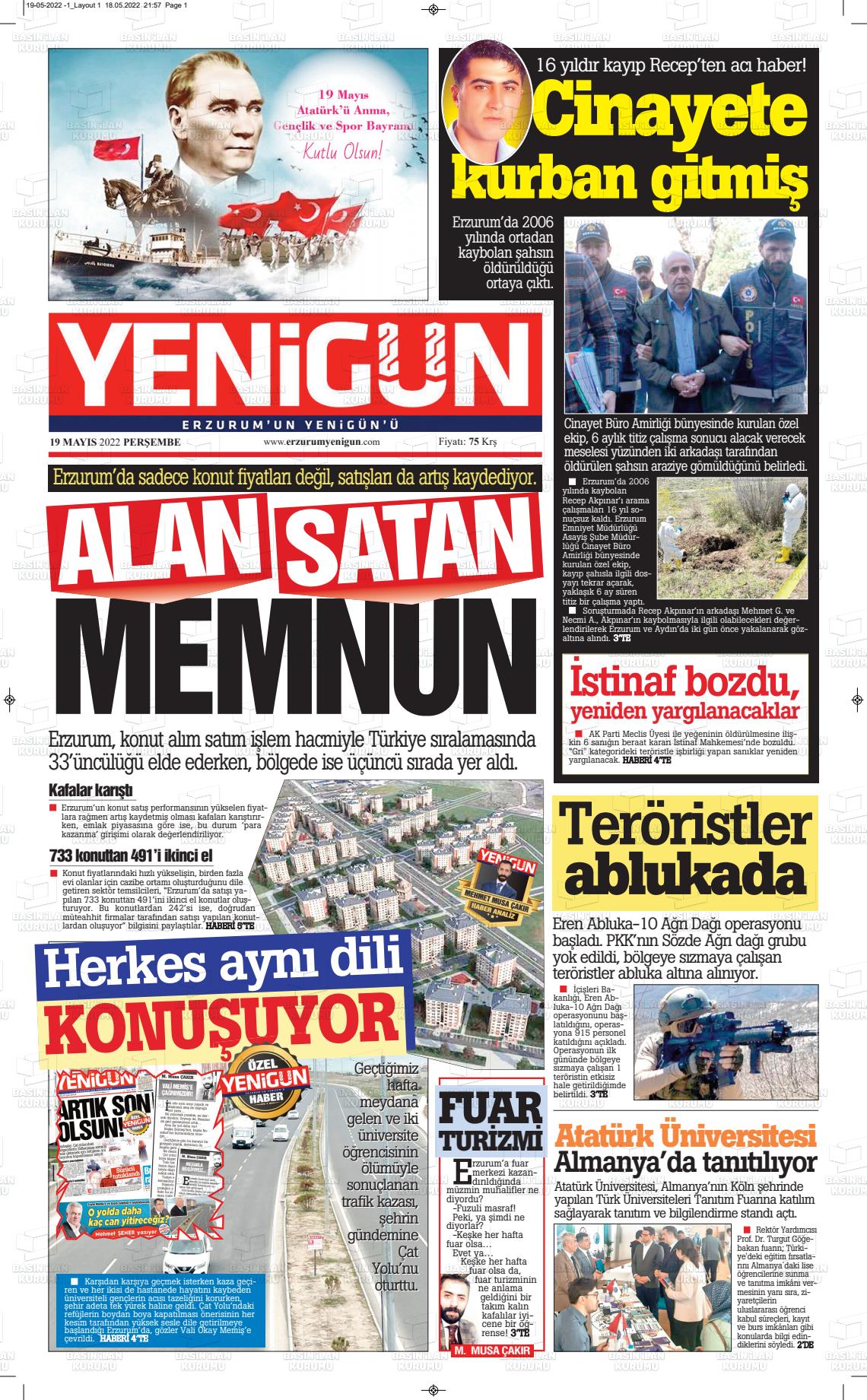 19 Mayıs 2022 Erzurum Yenigün Gazete Manşeti