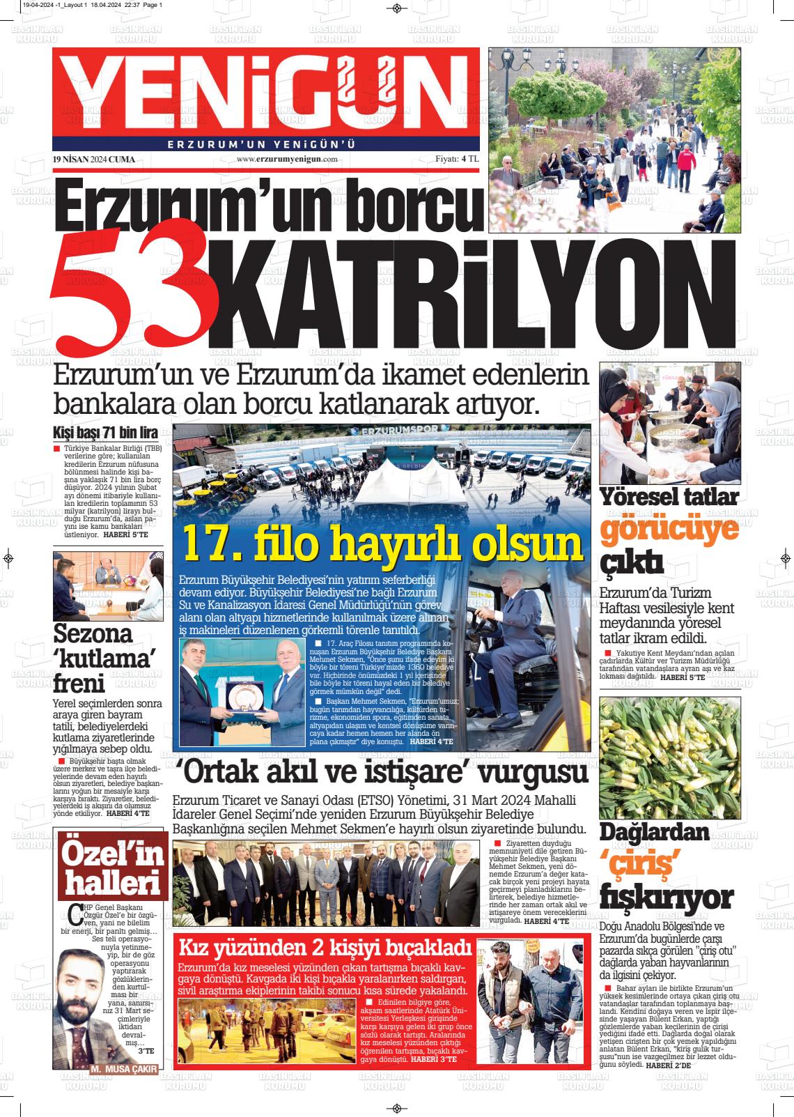 19 Nisan 2024 Erzurum Yenigün Gazete Manşeti