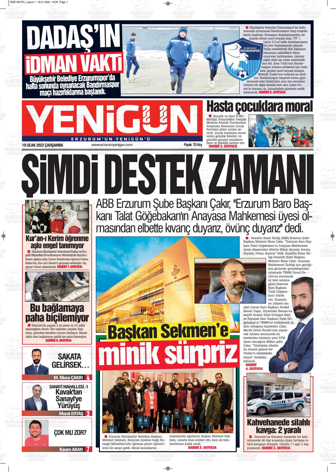19 Ocak 2022 Erzurum Yenigün Gazete Manşeti