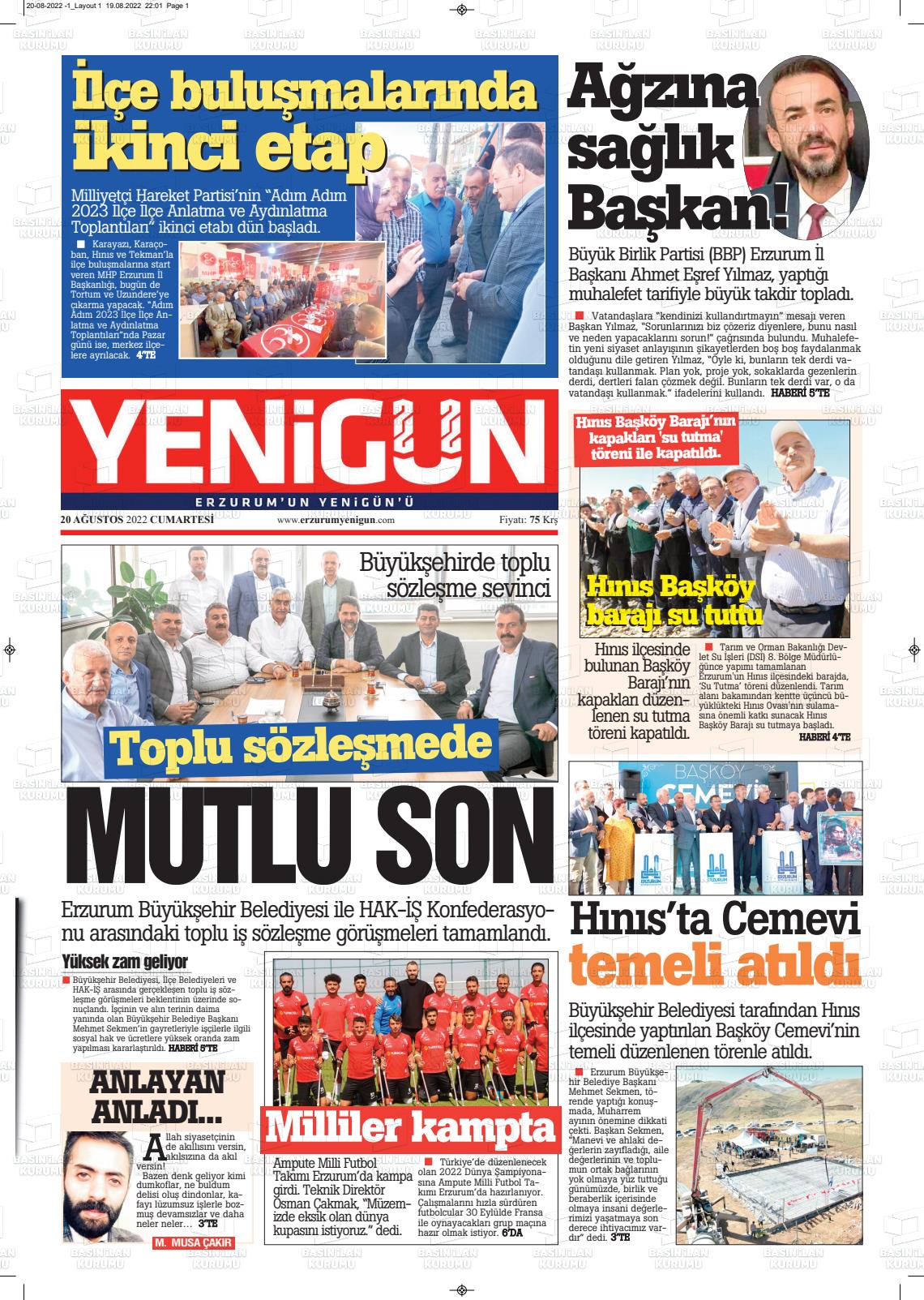20 Ağustos 2022 Erzurum Yenigün Gazete Manşeti