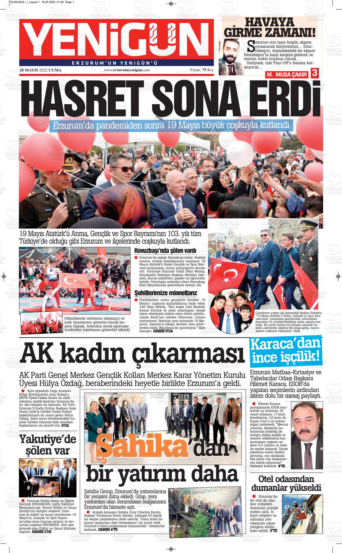 20 Mayıs 2022 Erzurum Yenigün Gazete Manşeti