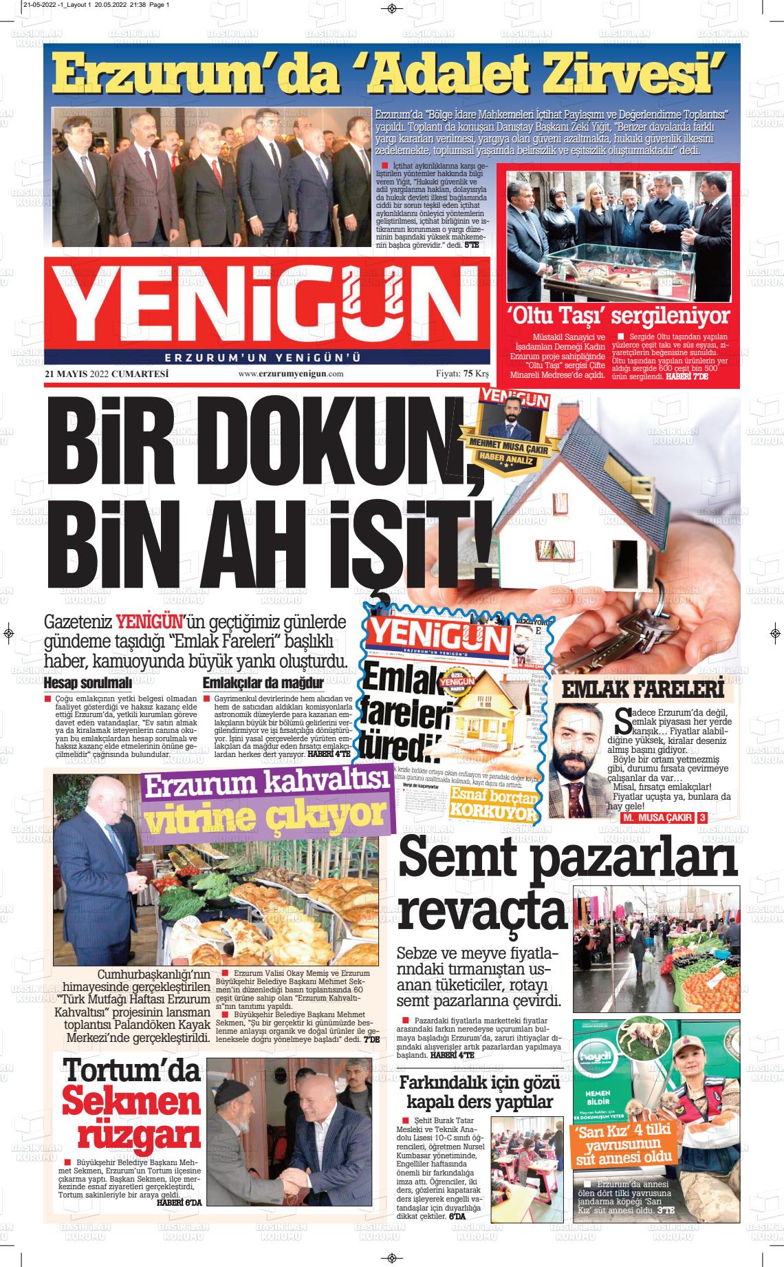 21 Mayıs 2022 Erzurum Yenigün Gazete Manşeti