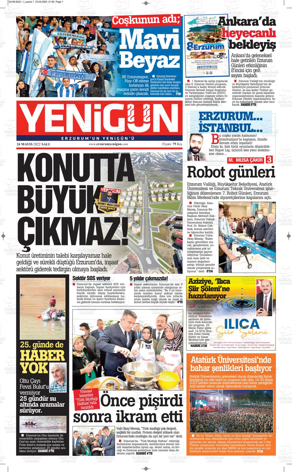24 Mayıs 2022 Erzurum Yenigün Gazete Manşeti