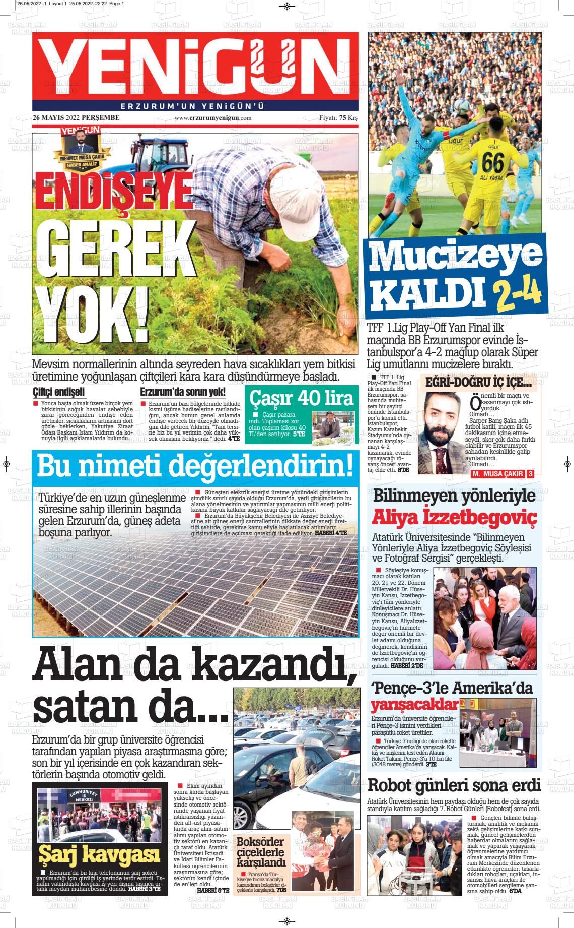 26 Mayıs 2022 Erzurum Yenigün Gazete Manşeti