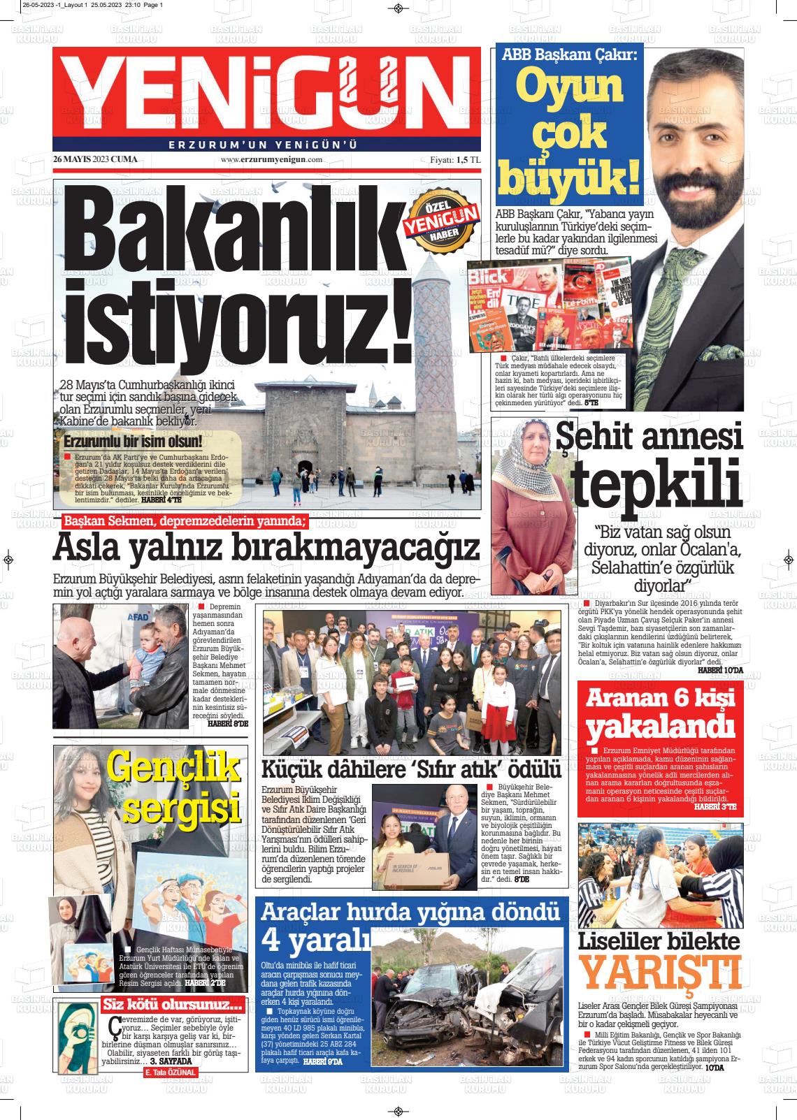 26 Mayıs 2023 Erzurum Yenigün Gazete Manşeti