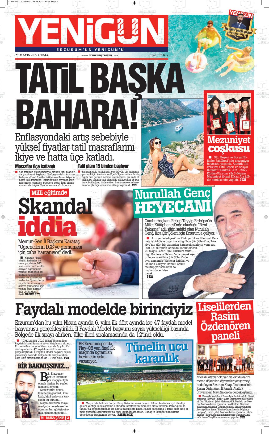 27 Mayıs 2022 Erzurum Yenigün Gazete Manşeti