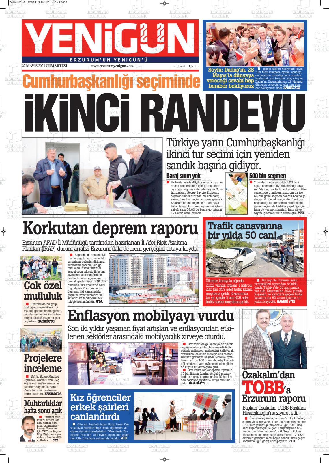 27 Mayıs 2023 Erzurum Yenigün Gazete Manşeti