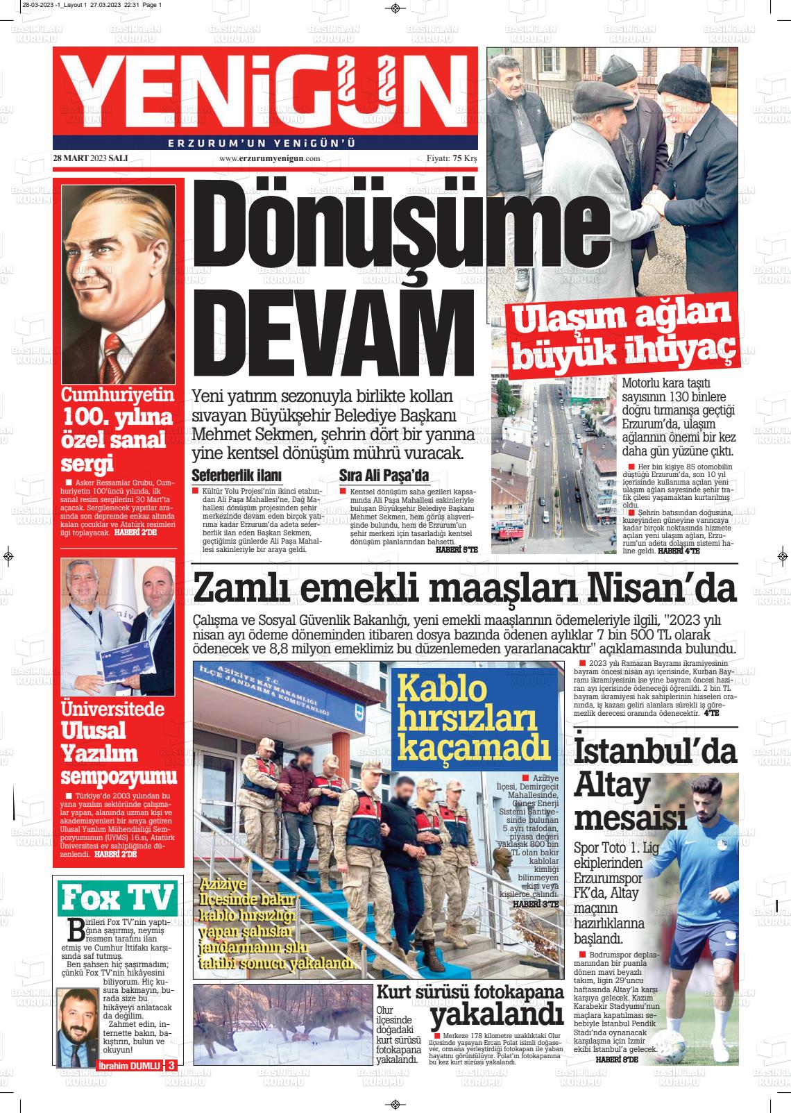 28 Mart 2023 Erzurum Yenigün Gazete Manşeti