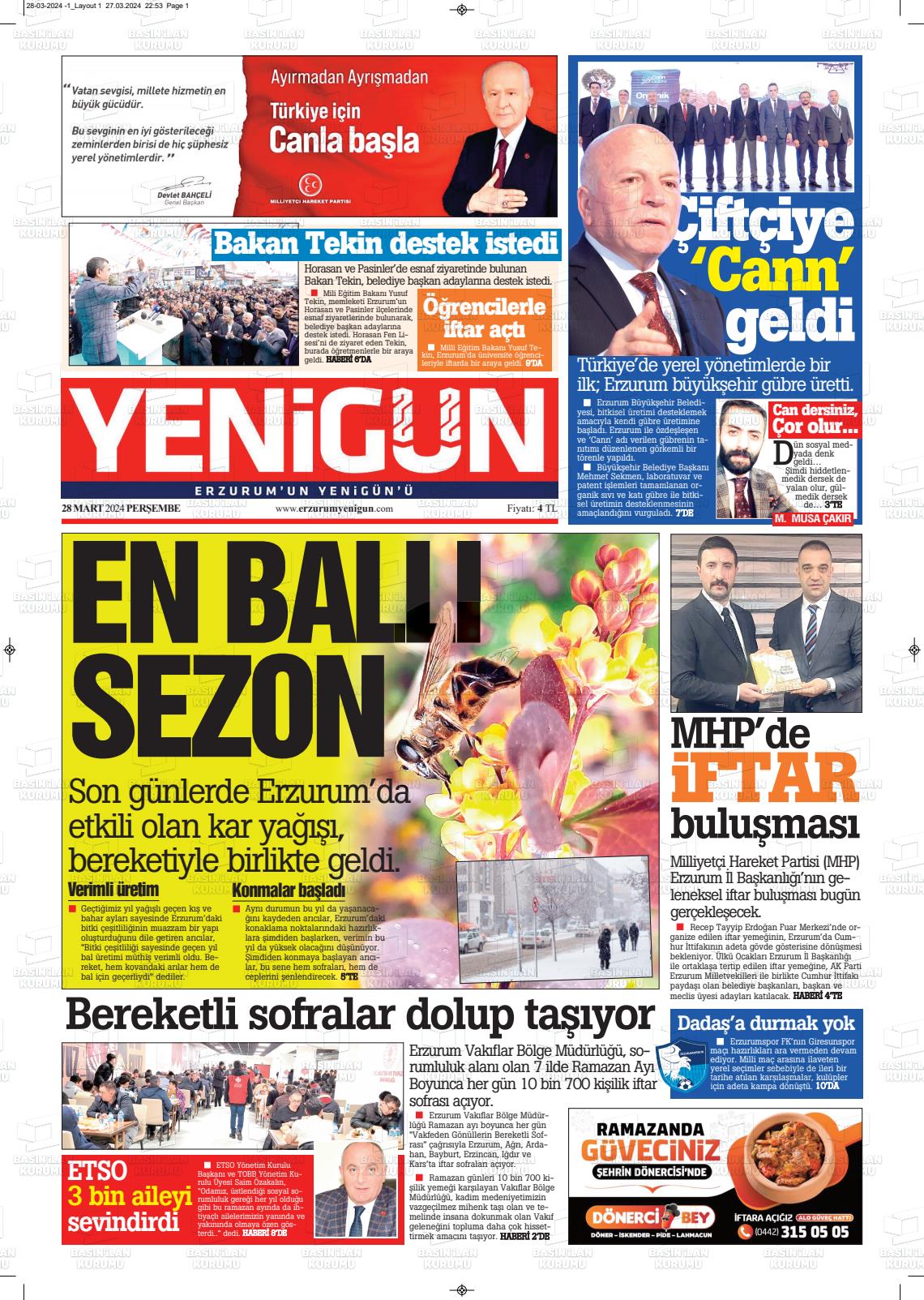 28 Mart 2024 Erzurum Yenigün Gazete Manşeti