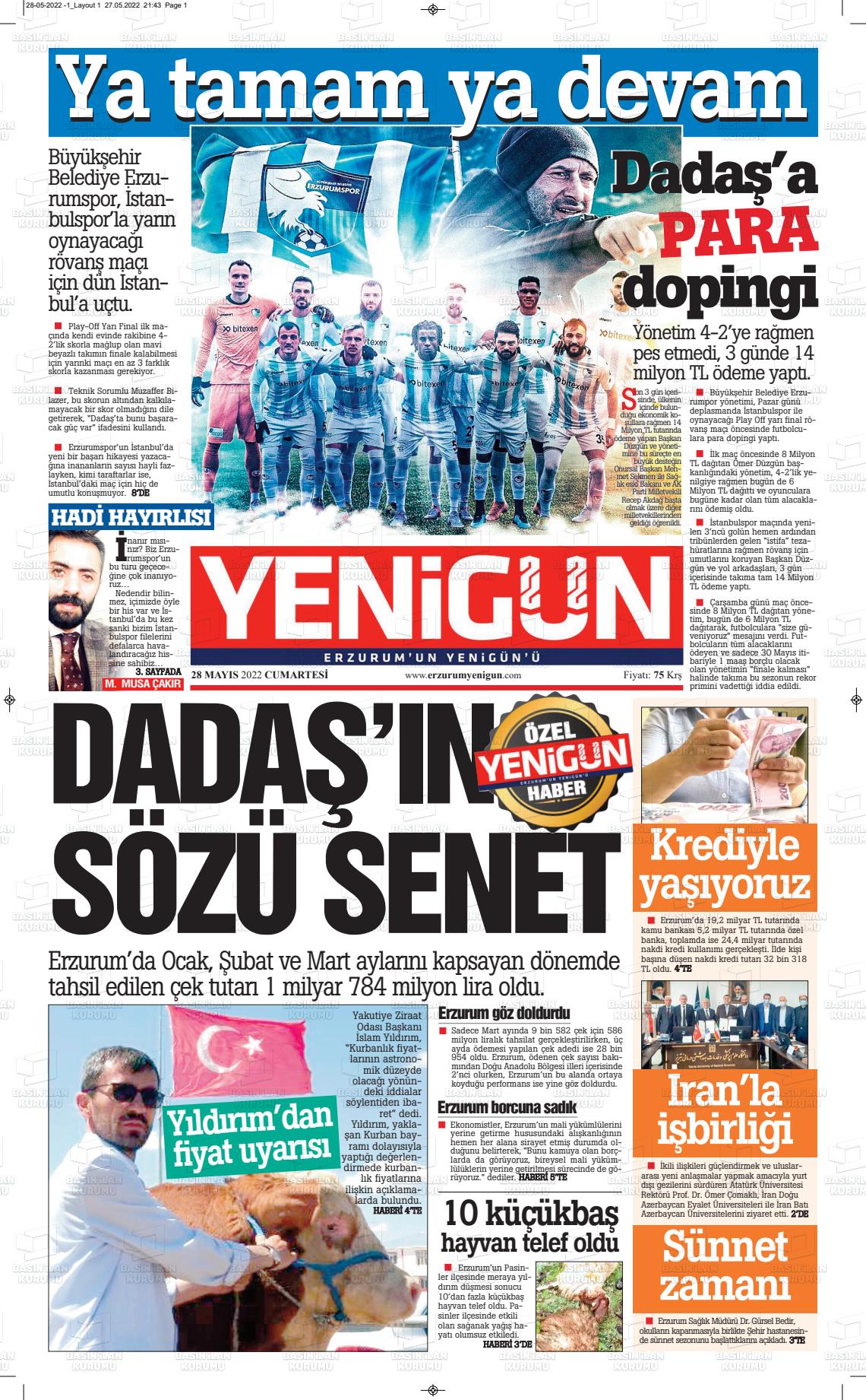 28 Mayıs 2022 Erzurum Yenigün Gazete Manşeti