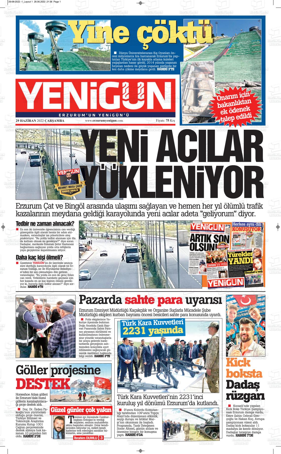 29 Haziran 2022 Erzurum Yenigün Gazete Manşeti