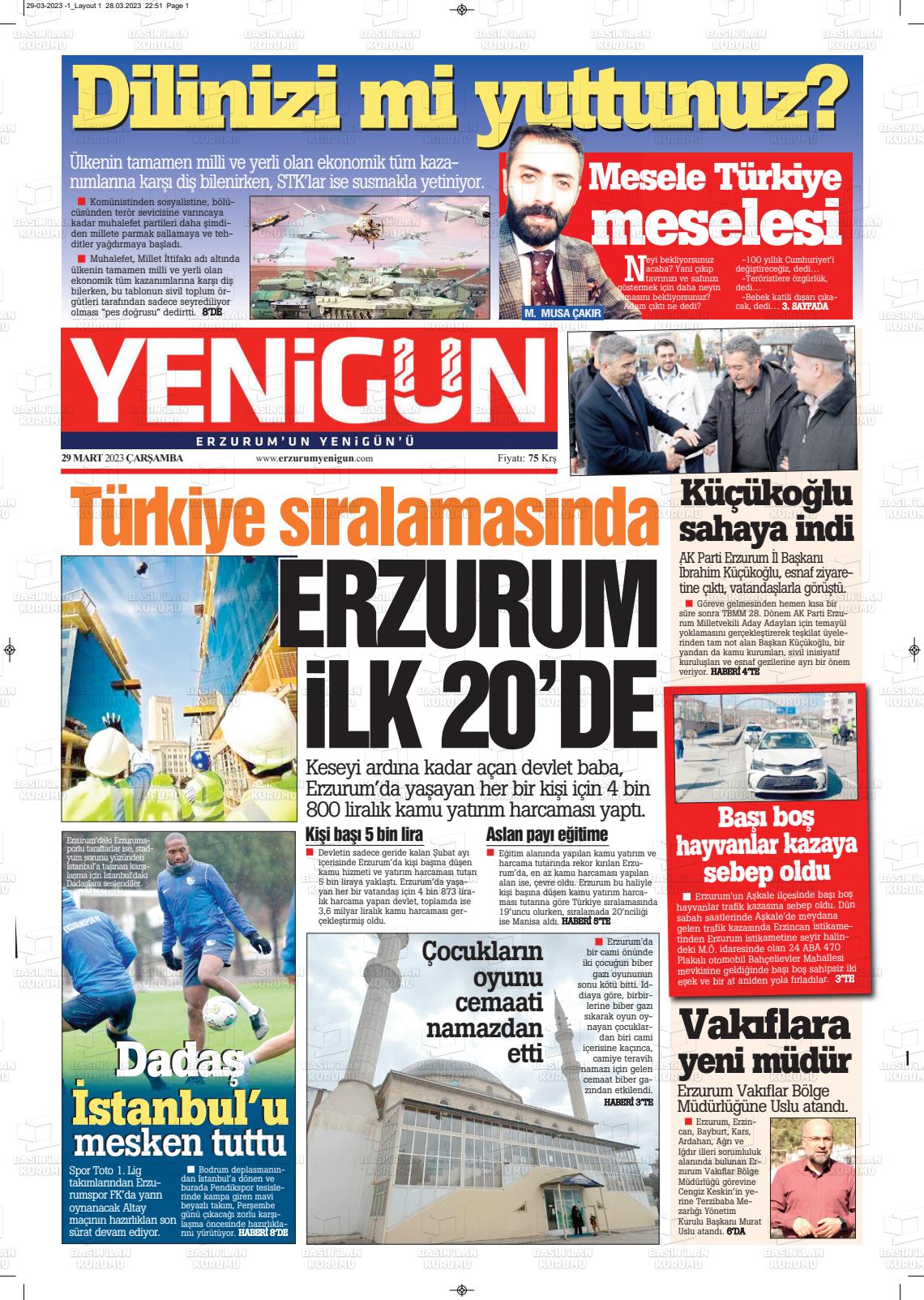 29 Mart 2023 Erzurum Yenigün Gazete Manşeti