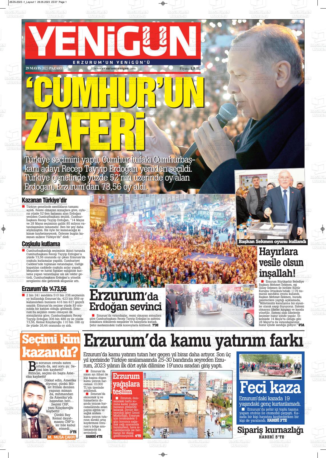 29 Mayıs 2023 Erzurum Yenigün Gazete Manşeti