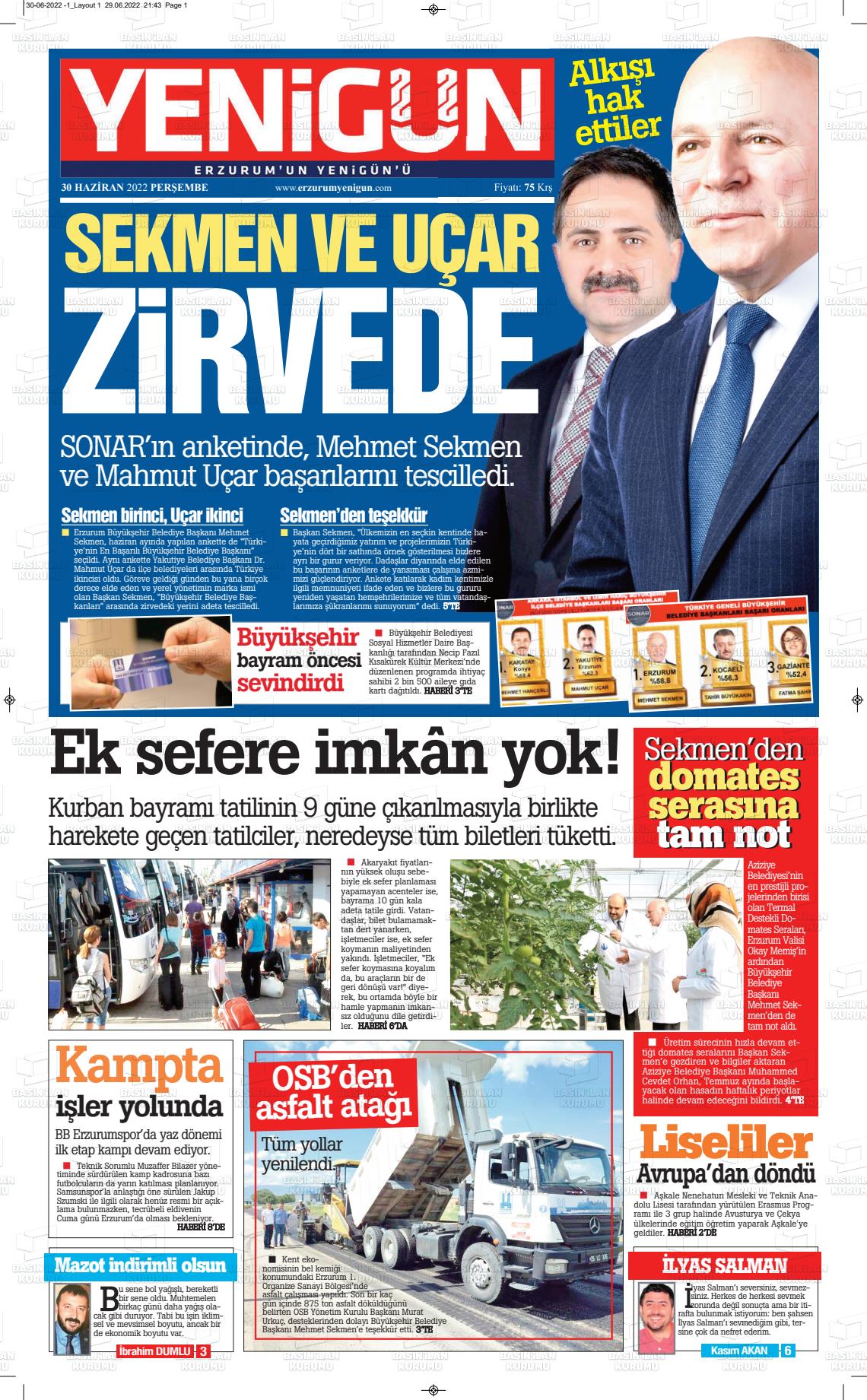 30 Haziran 2022 Erzurum Yenigün Gazete Manşeti