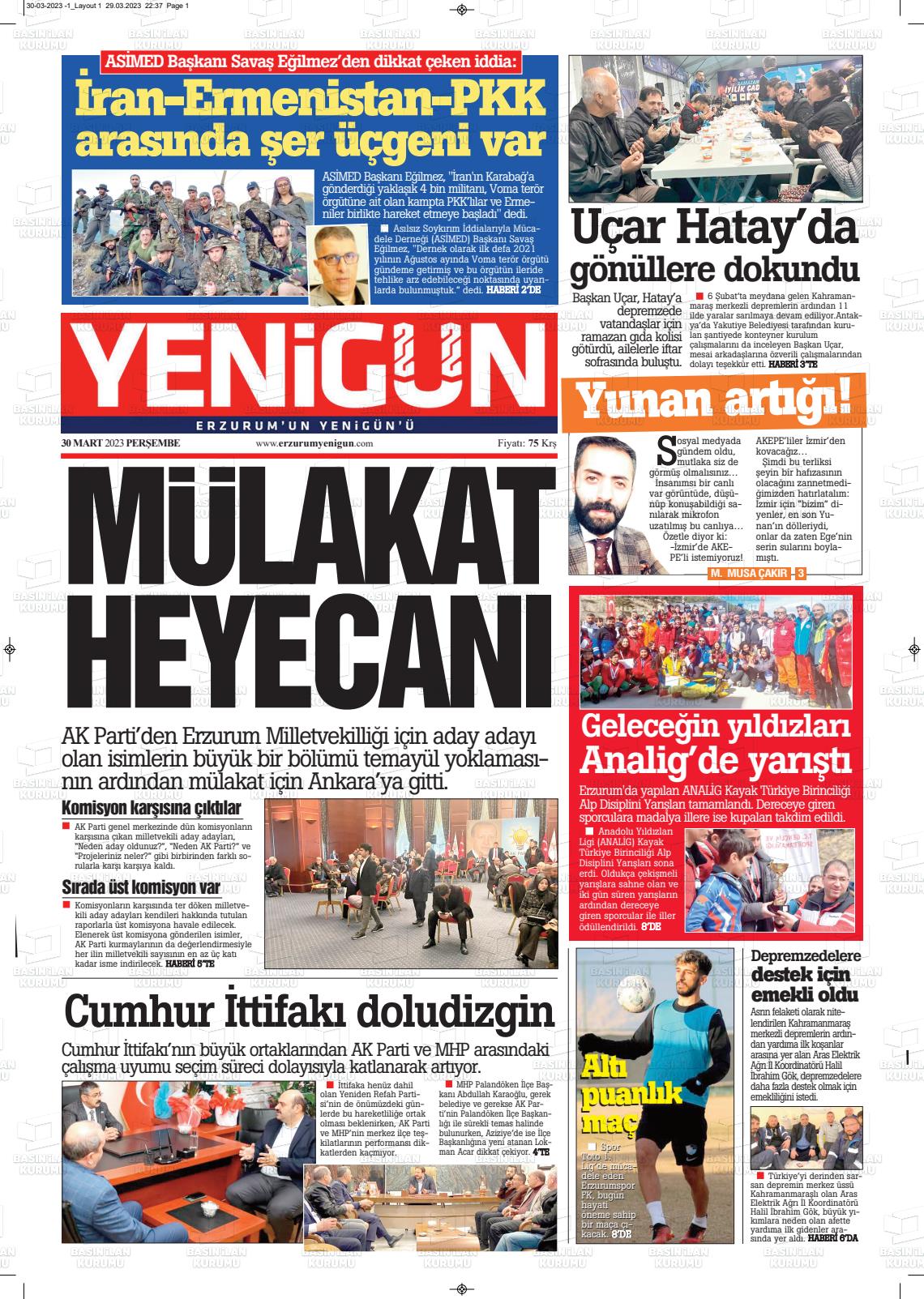 30 Mart 2023 Erzurum Yenigün Gazete Manşeti