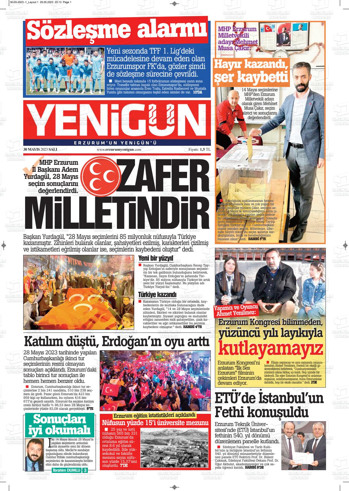 30 Mayıs 2023 Erzurum Yenigün Gazete Manşeti
