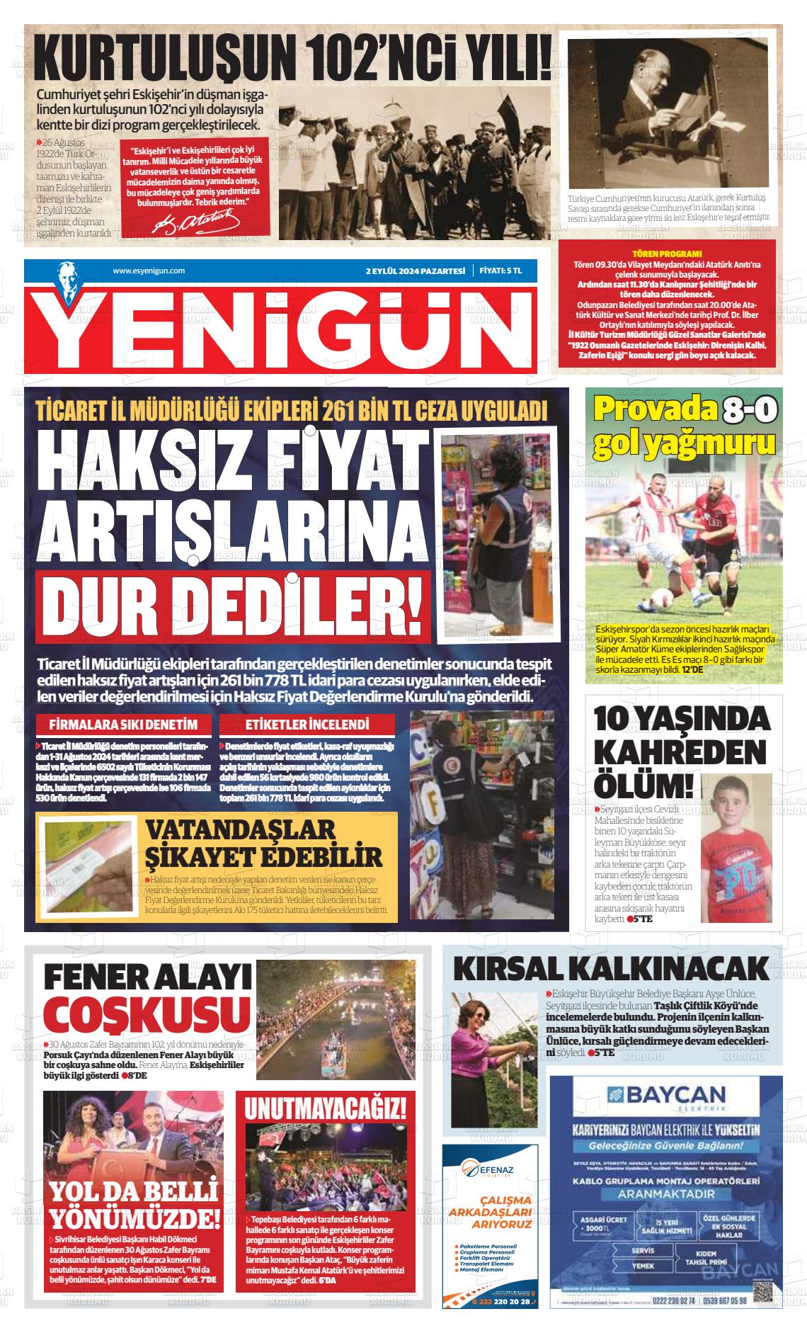 02 Eylül 2024 Eskişehir Yeni Gün Gazete Manşeti